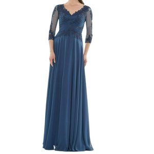 Marsoni By Colors Sheer Sleeve Embroidered Lace Bodice Gown Blue Size 6 NWT